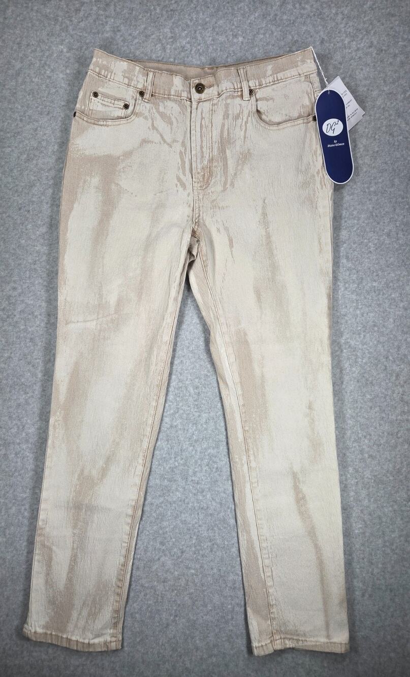 DG2 Diane Gilman Acid Wash Metallic Textured Straight Jeans Beige 8 NWT New